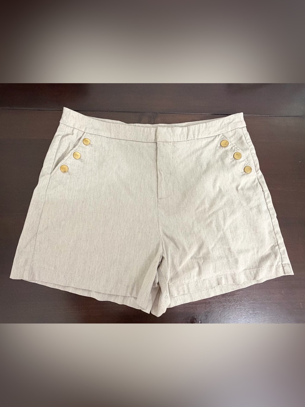 Maurices Beige Linen Look Shorts XL Gold Button Detail Career Casual Summer